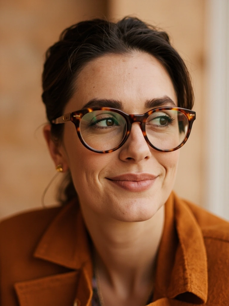 Editorial portrait of a woman wearing tortoiseshell acetate frames