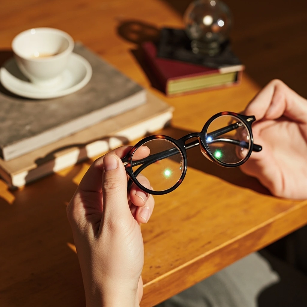 Hands holding the Halden frames over a desk with coffee and a book.