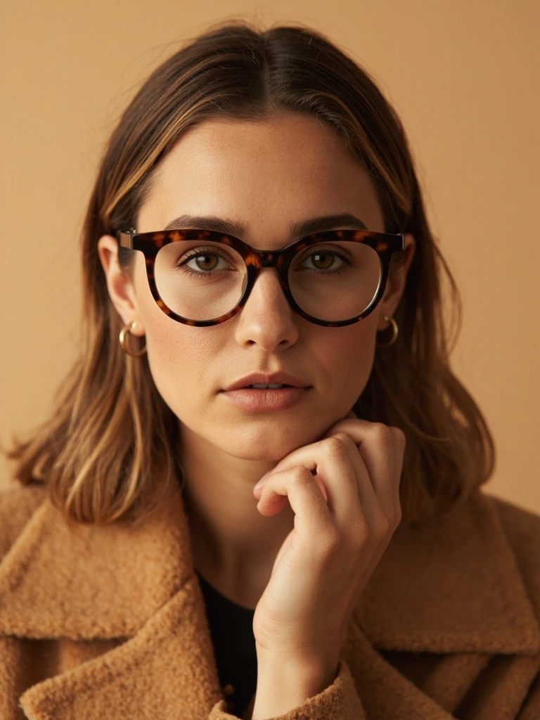 Model wearing the Mara tortoiseshell acetate frame from the autumn edit