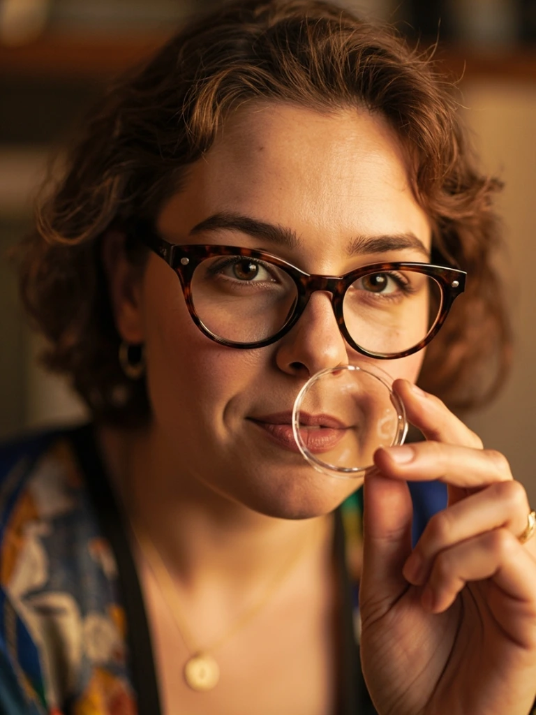 An optician inspecting a freshly cut lens in our Brooklyn lab