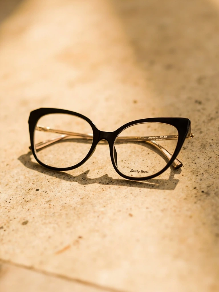 Bold black cat-eye frames on travertine surface
