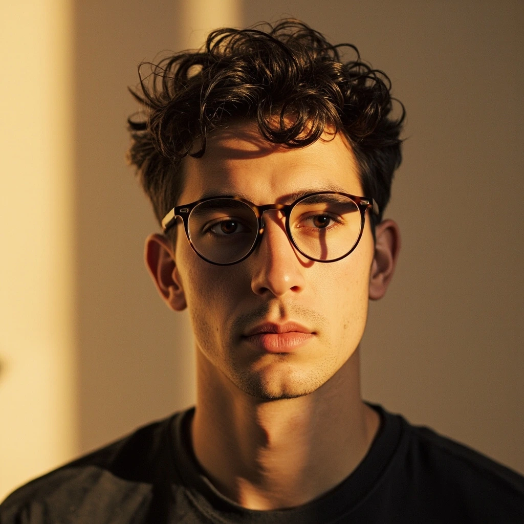 Man wearing round tortoiseshell frames in editorial portrait