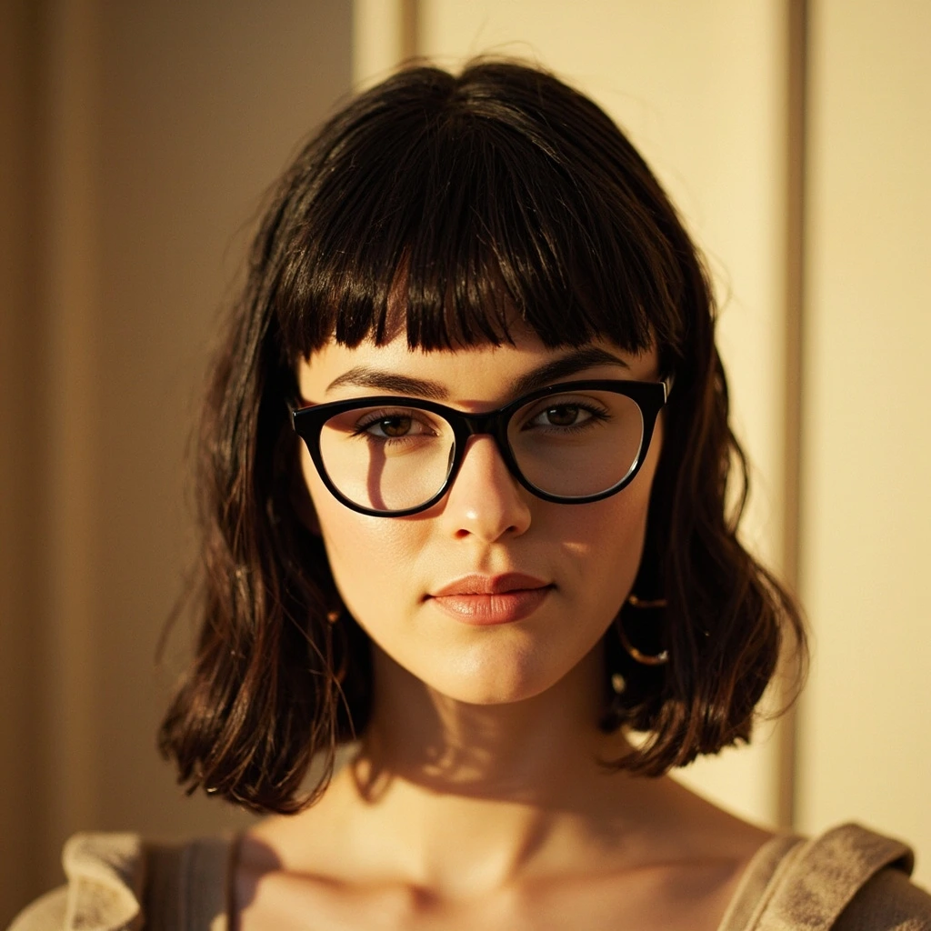 Woman wearing square black acetate frames in editorial portrait