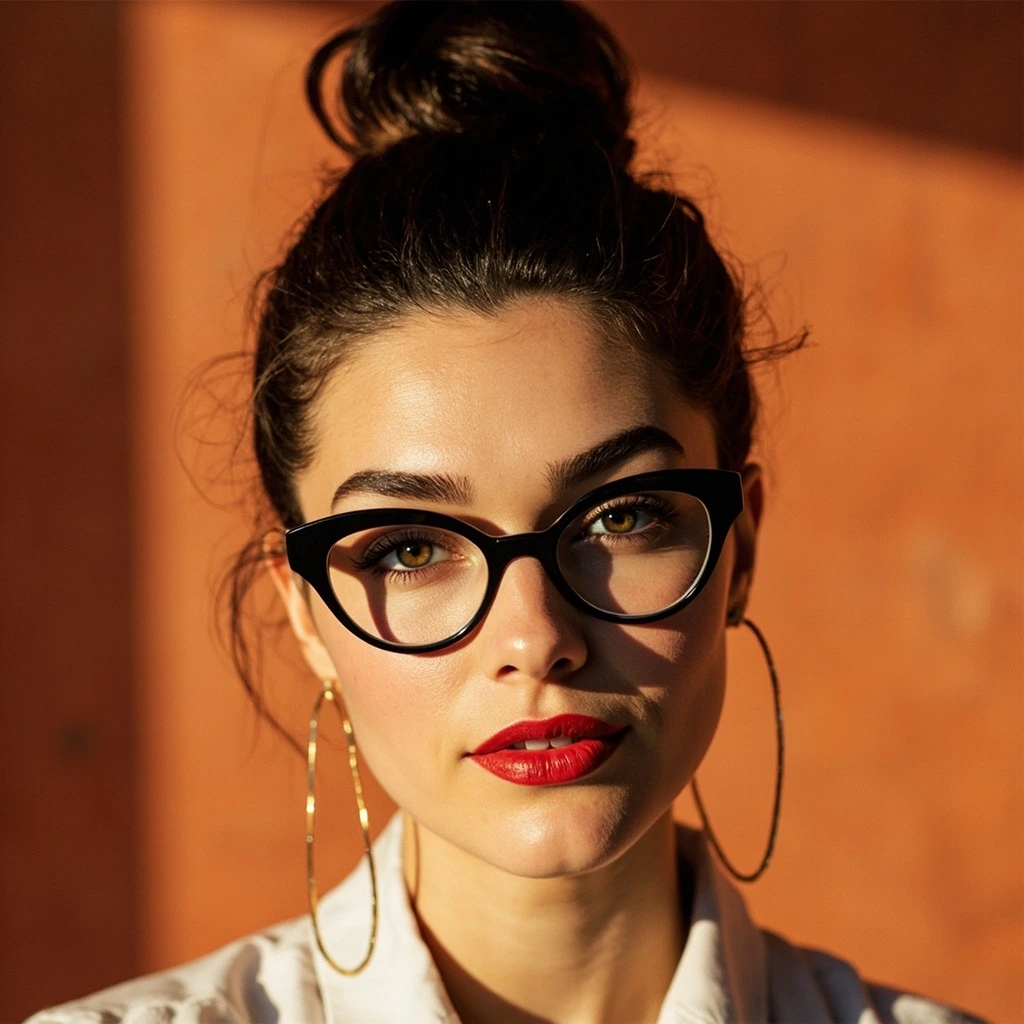 Woman wearing bold black cat-eye frames in editorial portrait